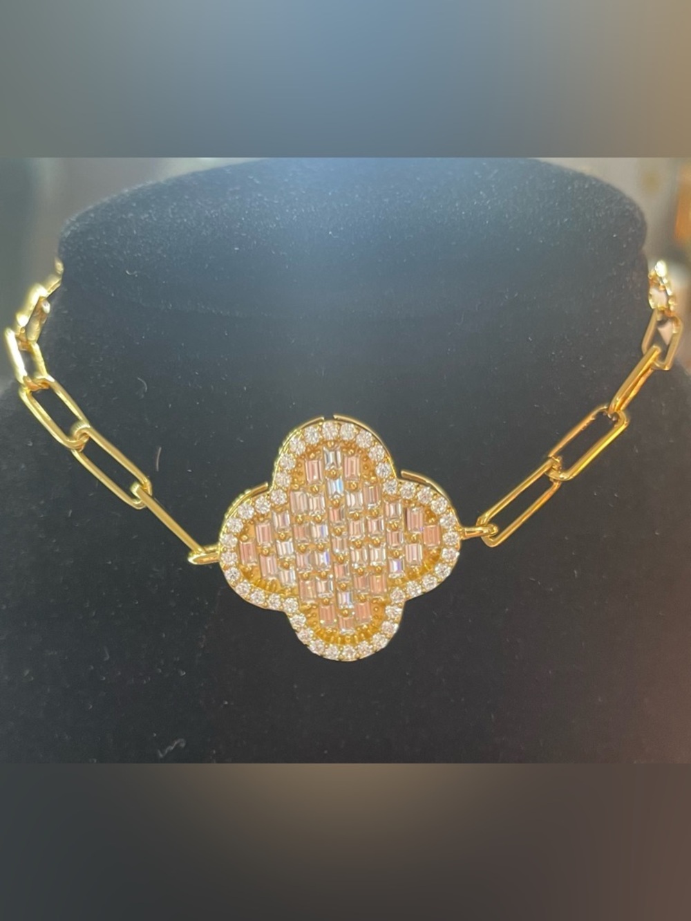 Gold Over Sterling Silver Diamond Moissanite Clover paperclip bracelet